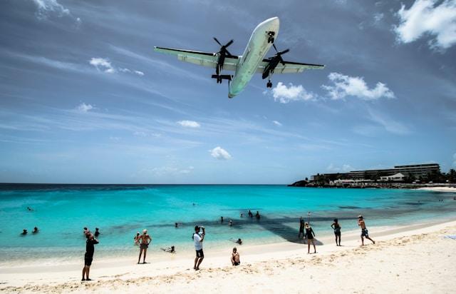 Airplane landing at Maho Beach in Saint Martin